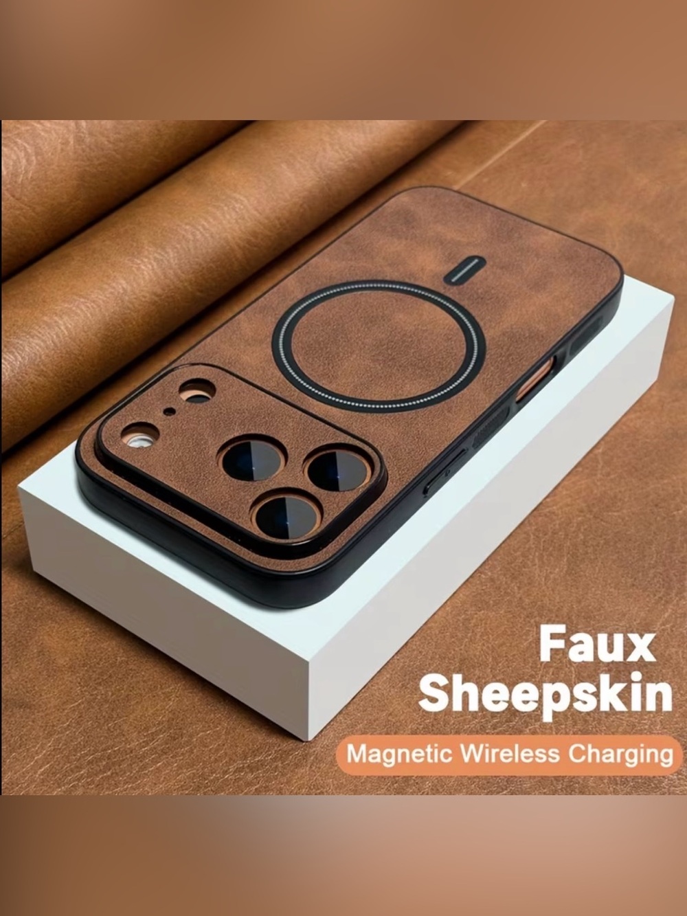 Brown Faux Sheepskin Leather Wireless Magnetic MagSafe Style iPhone 17 Pro Case